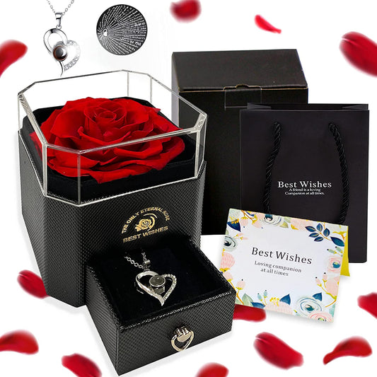 Preserved Rose w/ I Love You Necklace in 100 Languages, Red New Rose Box-Best Wishes