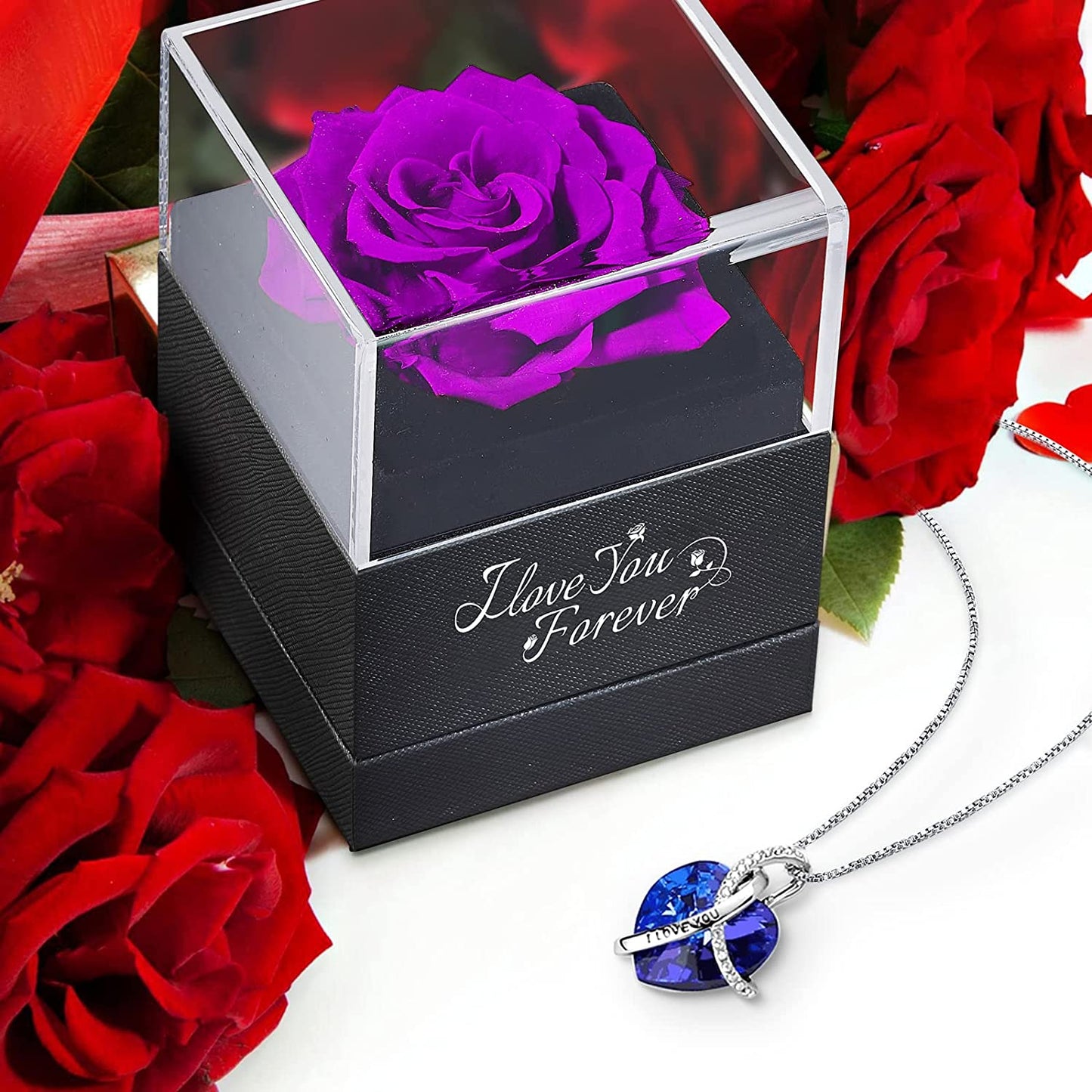 Preserved Real Purple Rose w/ Heart I Love You Necklace -Eternal Flowers Rose Gifts