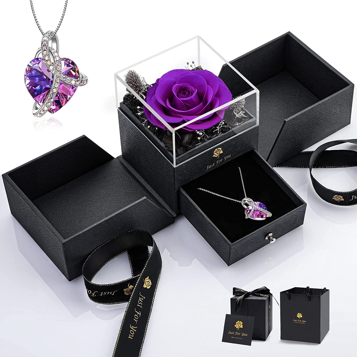 Valentines Day Gifts for Her-Preserved Real Purple Rose Eternal Flowers w/ Austria Crystal Necklace