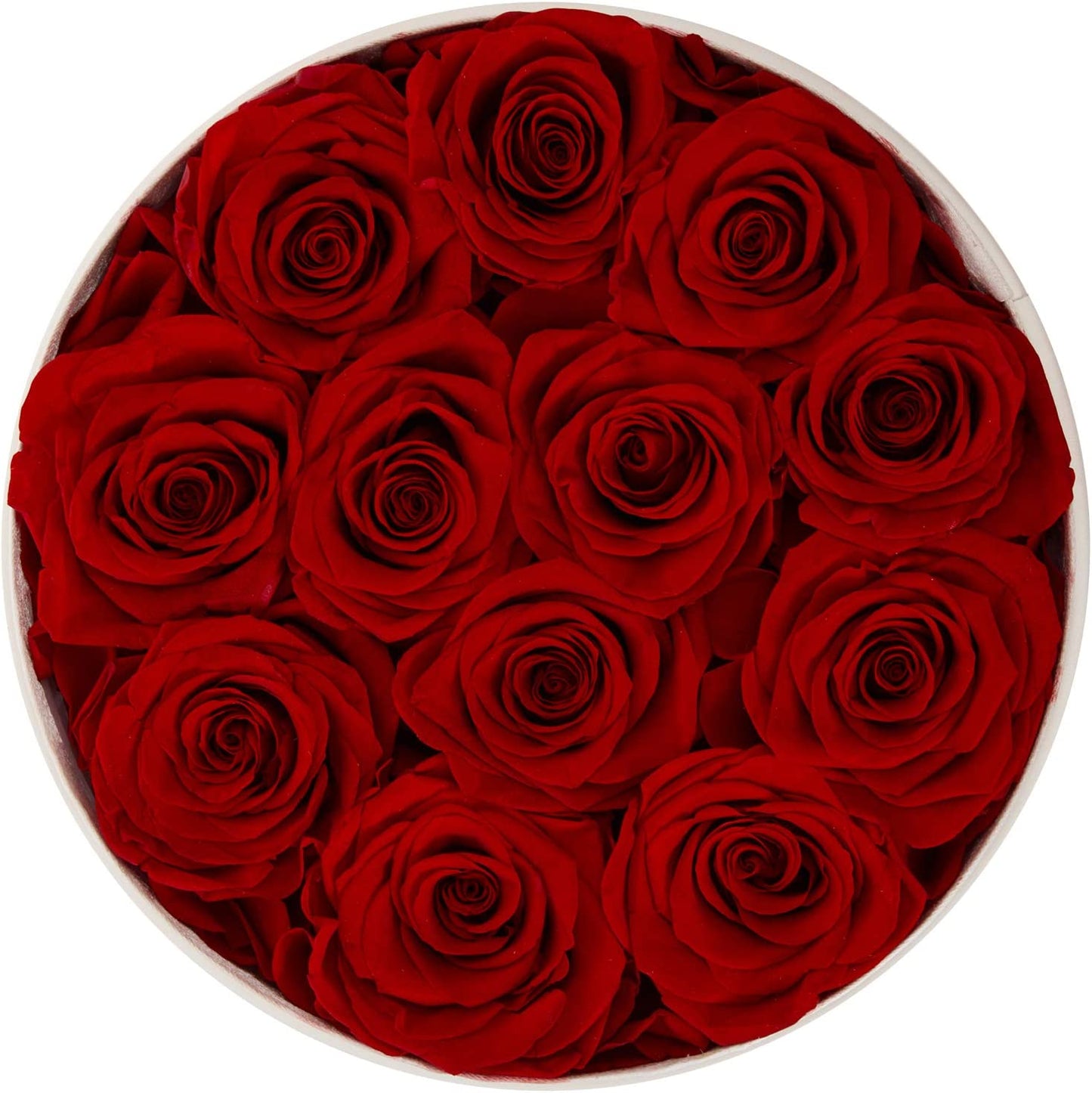 Eternal Rose in a Box Real Rose without Fragrance Gift for Her (12 Red Roses, Round White PU Leather Box)