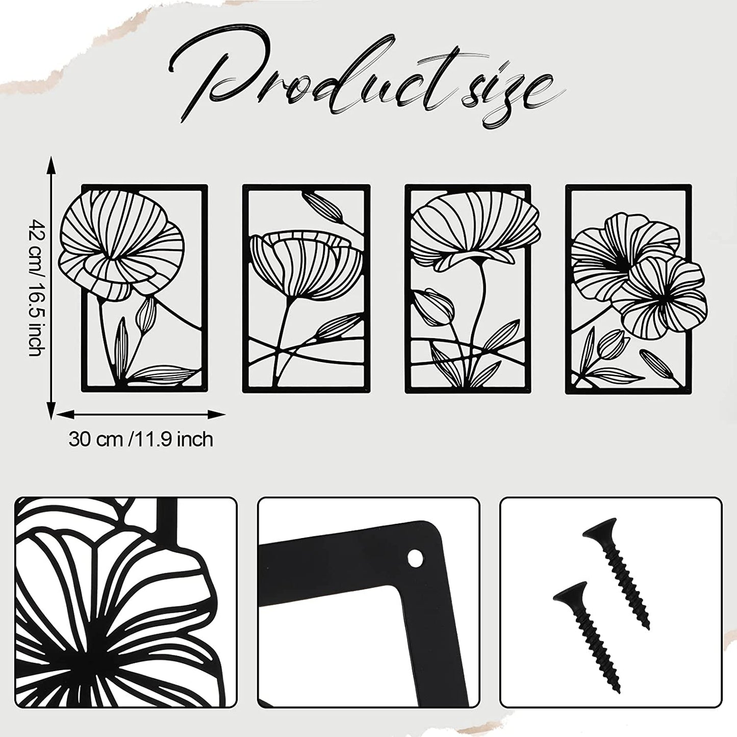 4 Pcs Metal Line Art Wall Decor Metal Flower Minimalist Sculpture Modern 16.5x11.9in (Black)