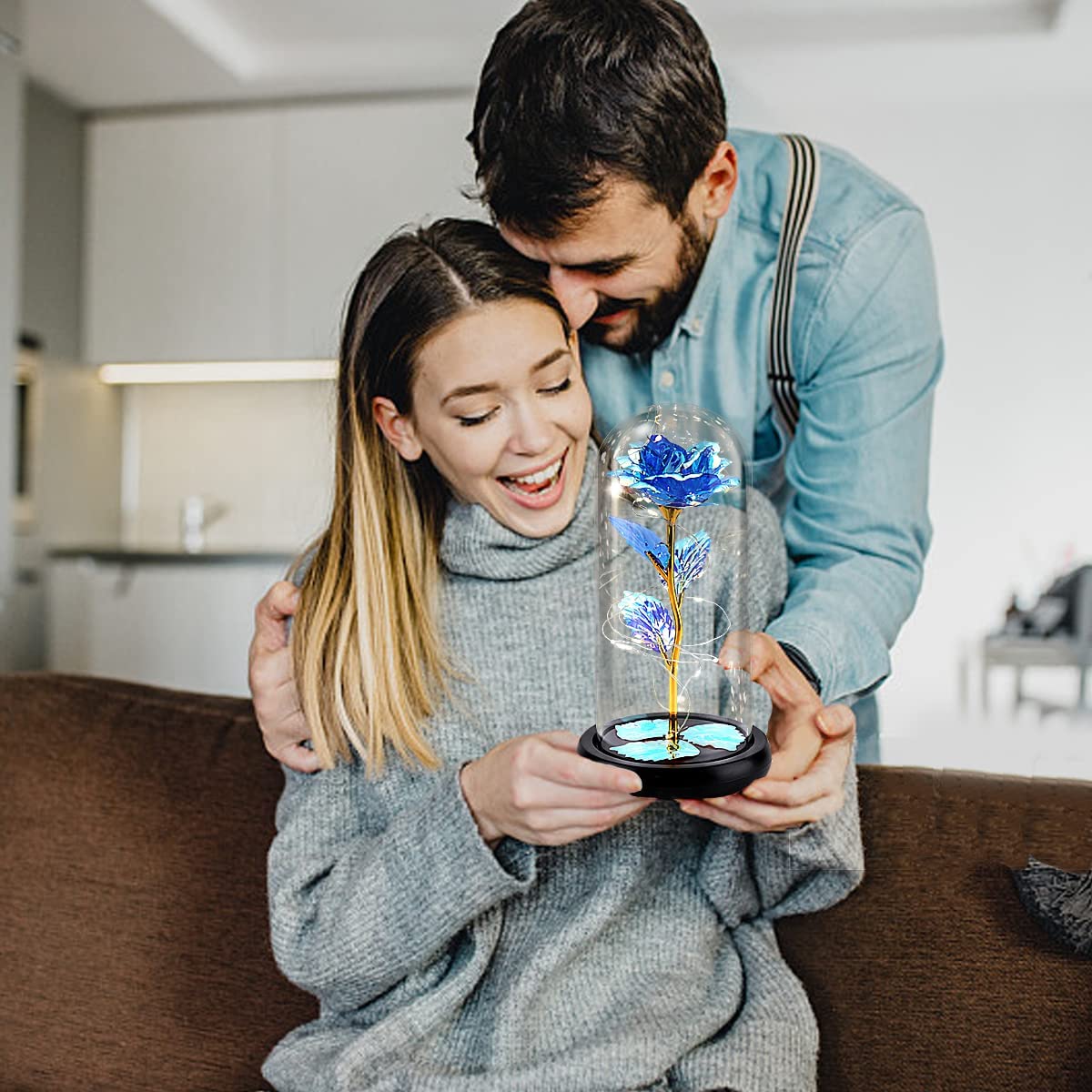 Valentines Rose Flower Gifts, Beauty & The Beast Rose, Galaxy Rose in A Glass Dome w/ LED Light, Blue