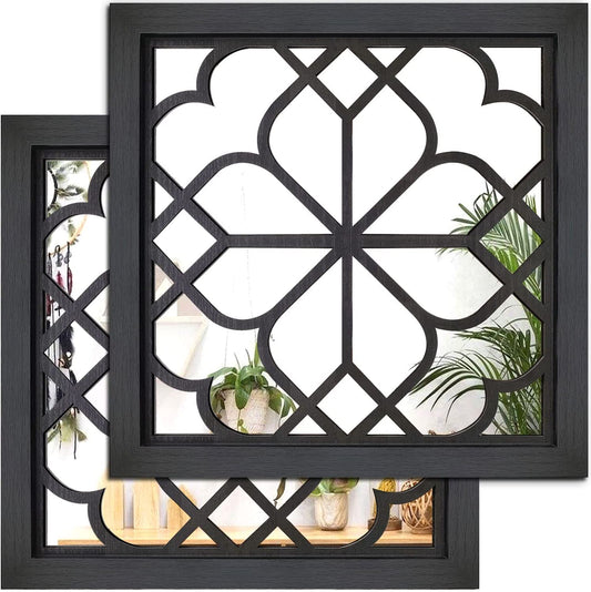 2 PCS Square Wall Mirror,Gorgeous Rustic Farmhouse Accent -Black 12 x12"