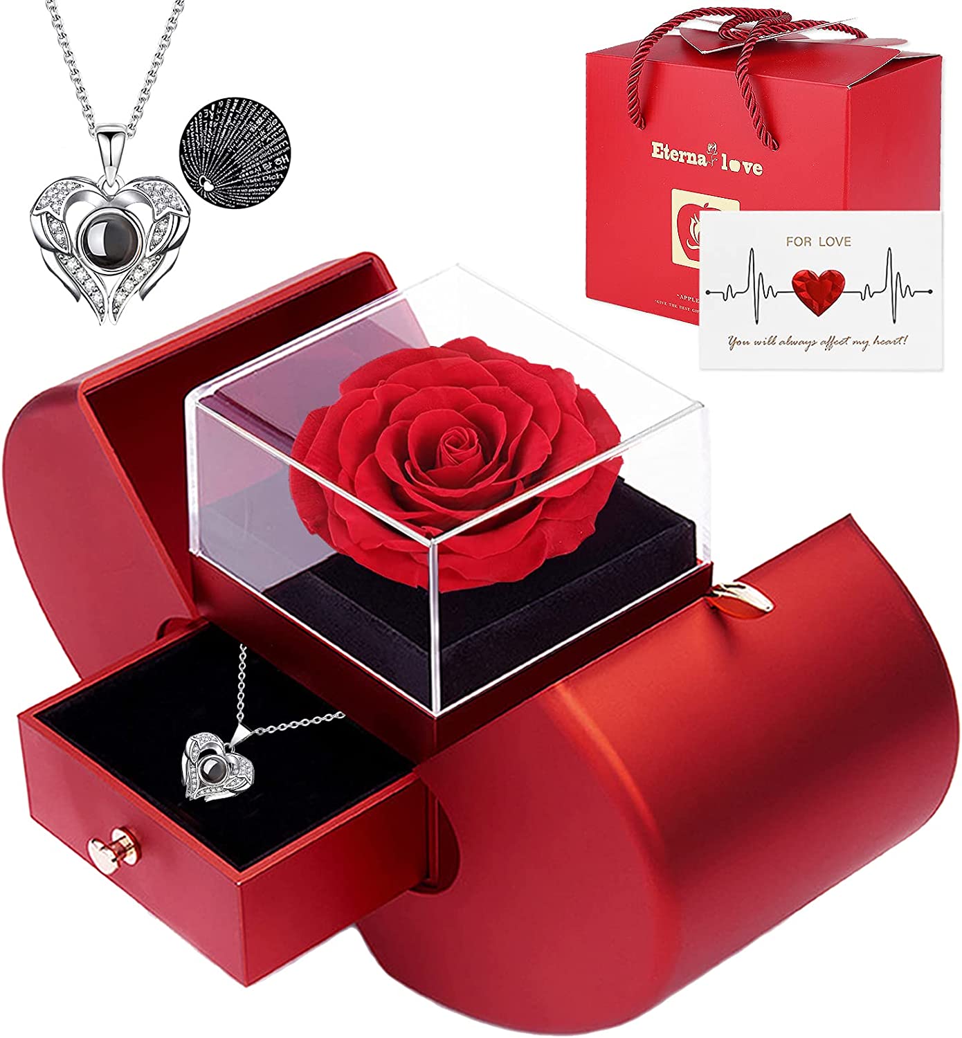 Valentines Day Gifts Preserved Real Rose with 925 Sterling Silver Necklace, Red