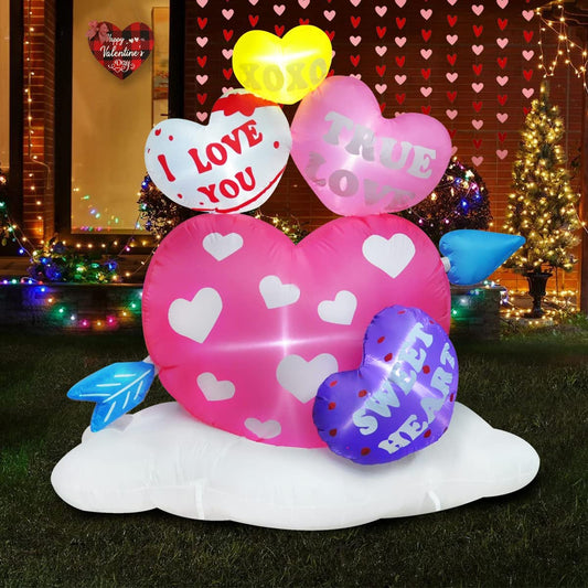 6ft Inflatable Valentine Hearts with Arrow Decoration, LED Blow Up Lighted Decor