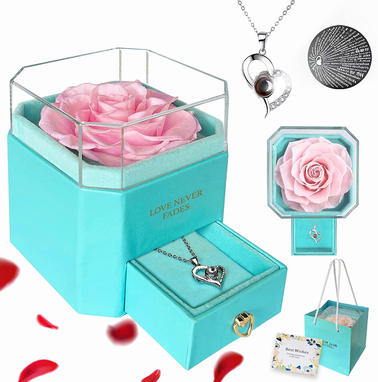 Preserved Rose w/ Necklace I Love You in 100 Languages, Tiffany Rose Box-Love Never Fades