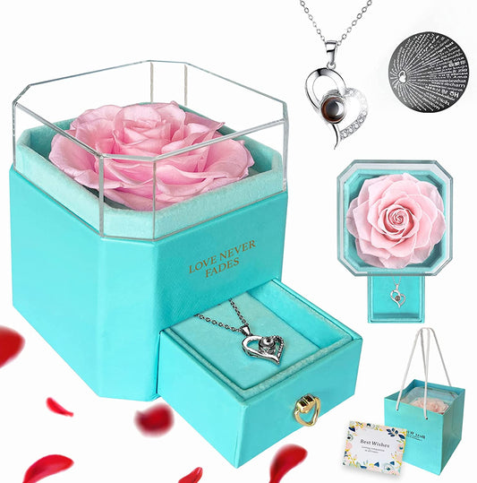 Preserved Rose w/ Necklace I Love You in 100 Languages, Tiffany Rose Box-Love Never Fades