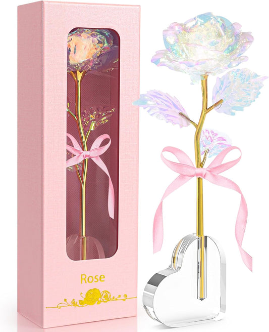 Christmas Day Gifts for Women, Galaxy Rose Enchanted Crystal Flower with Heart Base, Rainbow Rose Gifts for Her, Wife, Grandma, Mom and Sisters on Christmas Birthday Mother's Day Valentines Day