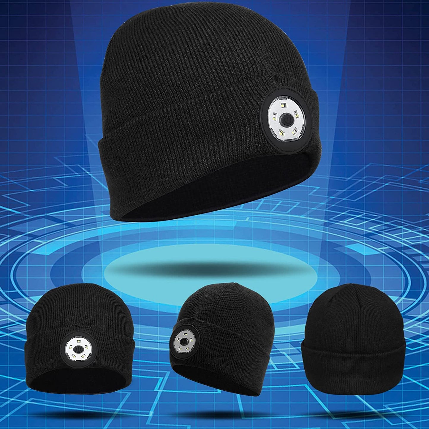 Unisex Beanie Hat w/ Light, 5 LED Rechargeable Flashlight Hat Winter Knitted Warm, USB, Black