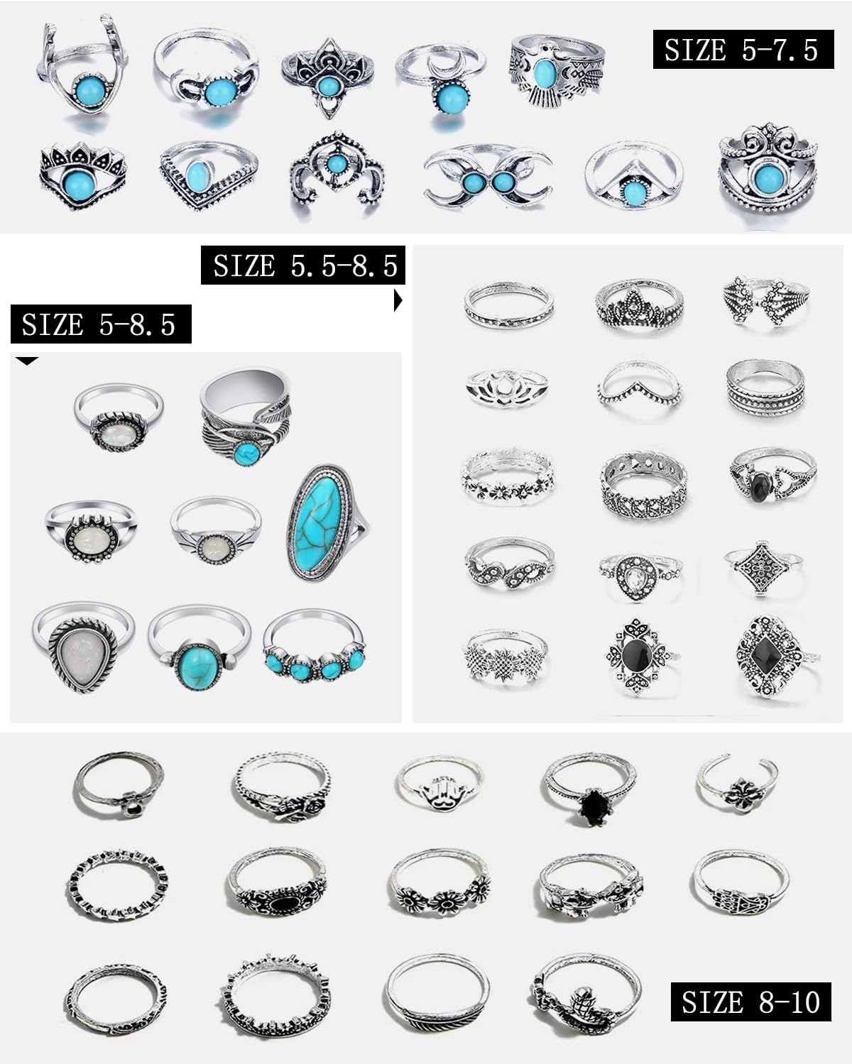 48-Piece Boho Turquoise Ring Set – Vintage Silver Knuckle & Stacking Rings, Western Style Oval Gemstone Jewelry for Women, Bohemian Midi Rings Collection