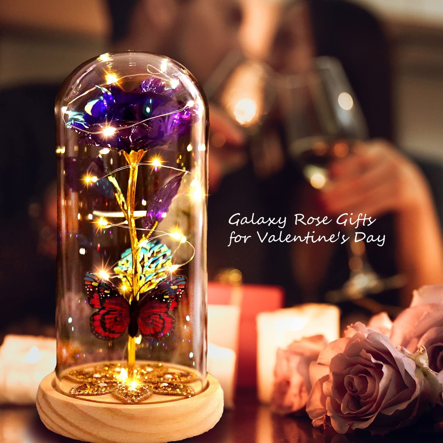 Beauty and The Beast Rose Light Up Rose Gift w/ Butterfly in Glass Dome (Purple)