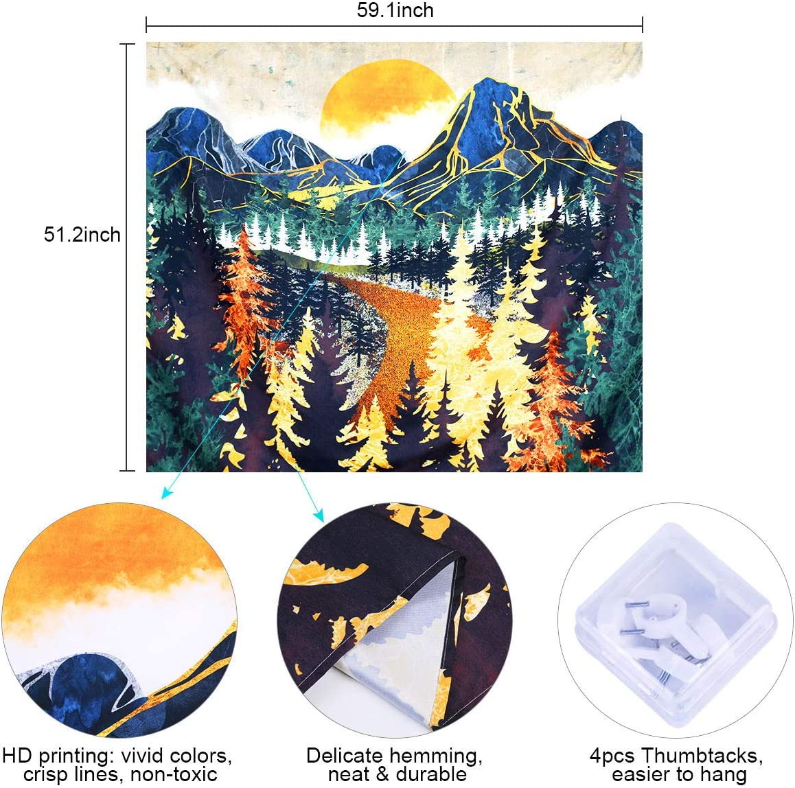 Mountain Tapestry Wall Hanging Forest Trees Art Sunset Tapestry Road in Nature Landscape Home Decor for Room (51.2 x 59.1 inches)