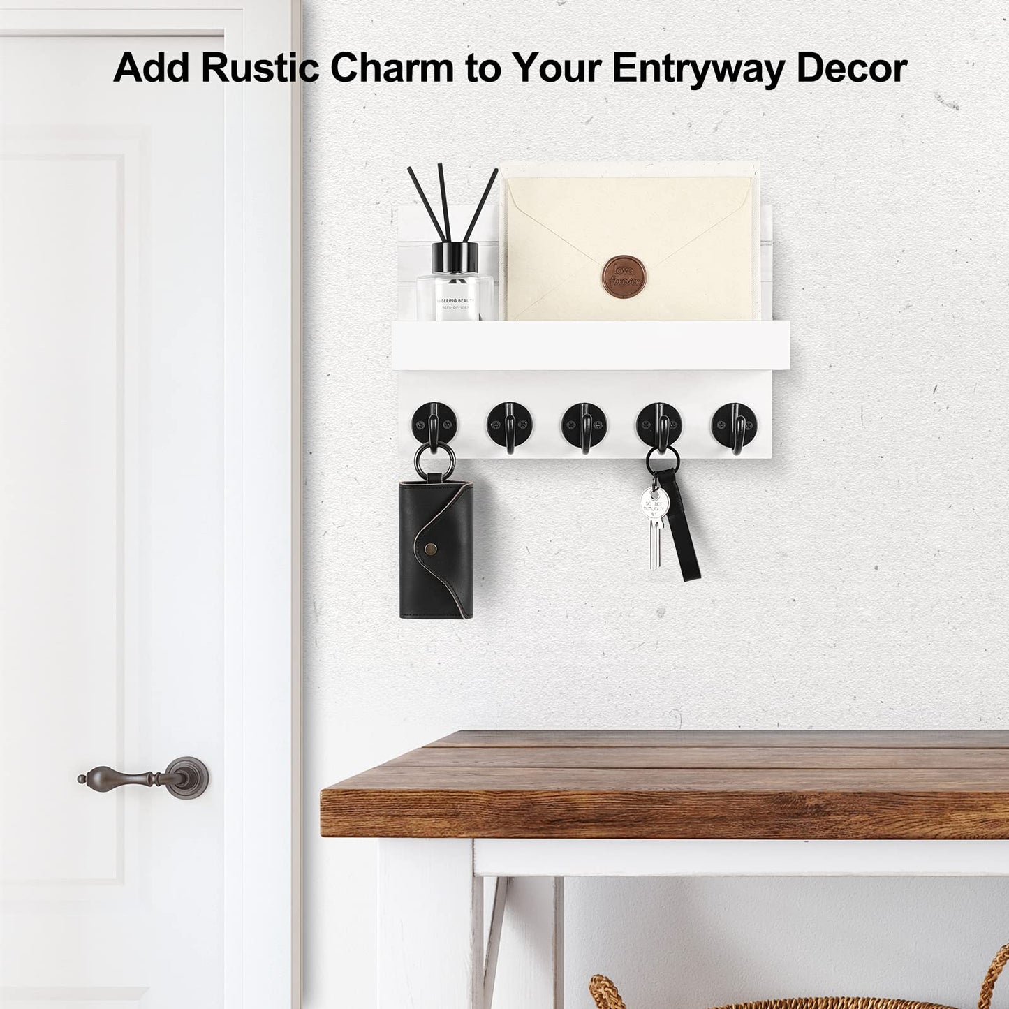 Key Holder for Wall, Decorative Key and Mail Holder with Shelf Has Large Key Hooks for Bags, Coats, Umbrella