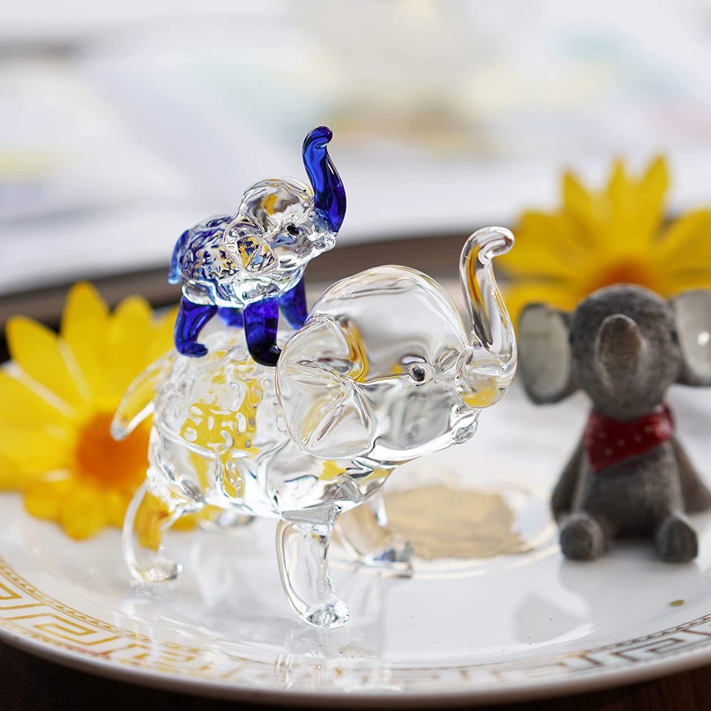 Crystal Figurines Mother Son Glass Elephants with Trunk Up