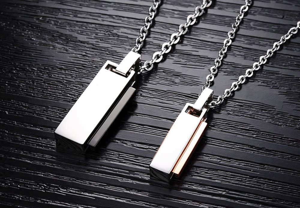 Couples Necklace w/ Rectangle Titanium Stainless Steel Pendant (Love Devotion) Lover's 1 Pair