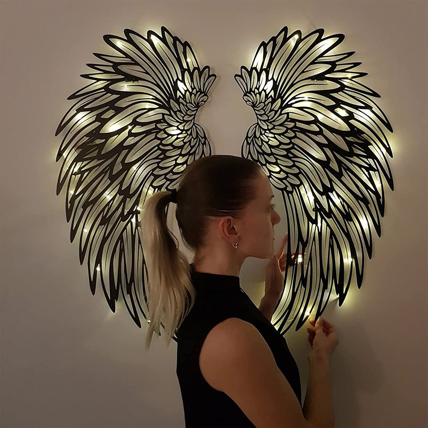 Angel Wings Wall Art Decoration with Lights, Metal 3D (Single Size: 8''W x 16''H)