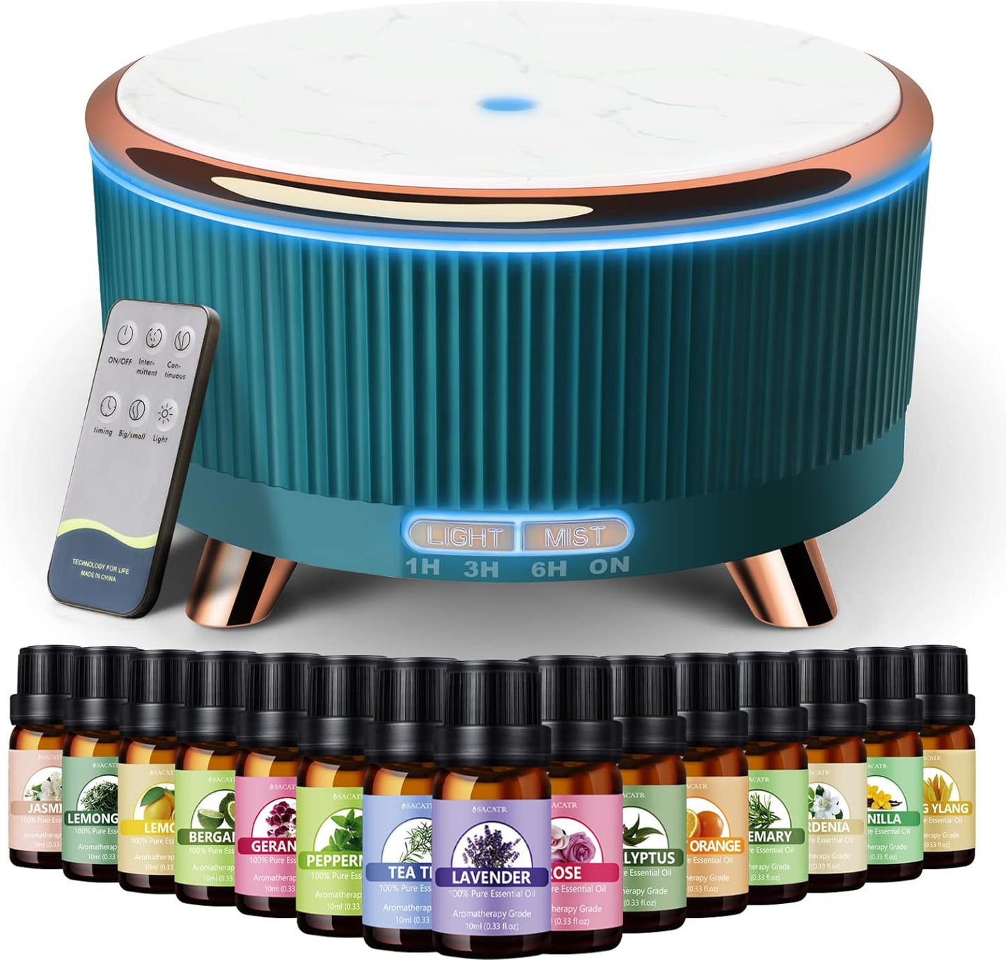 Essential Oil Diffusers with 15x10mL Oils, 500ml Diffuser, Aromatherapy Diffuser Ultrasonic Technology for Large Room, Home, Office