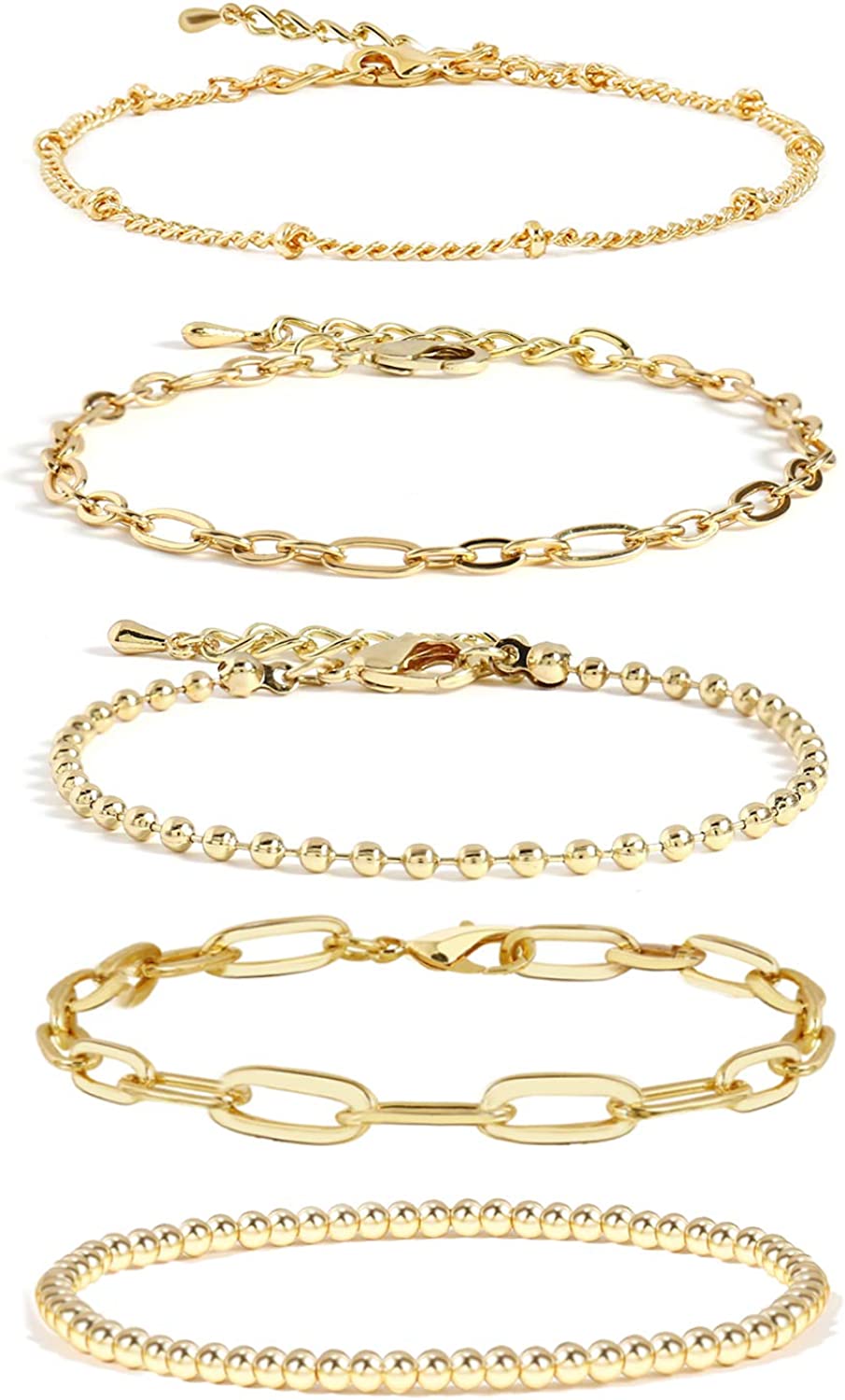 Gold Chain Bracelet Sets for Women Girls 14K Gold Plated Dainty Link Paperclip, Style-4