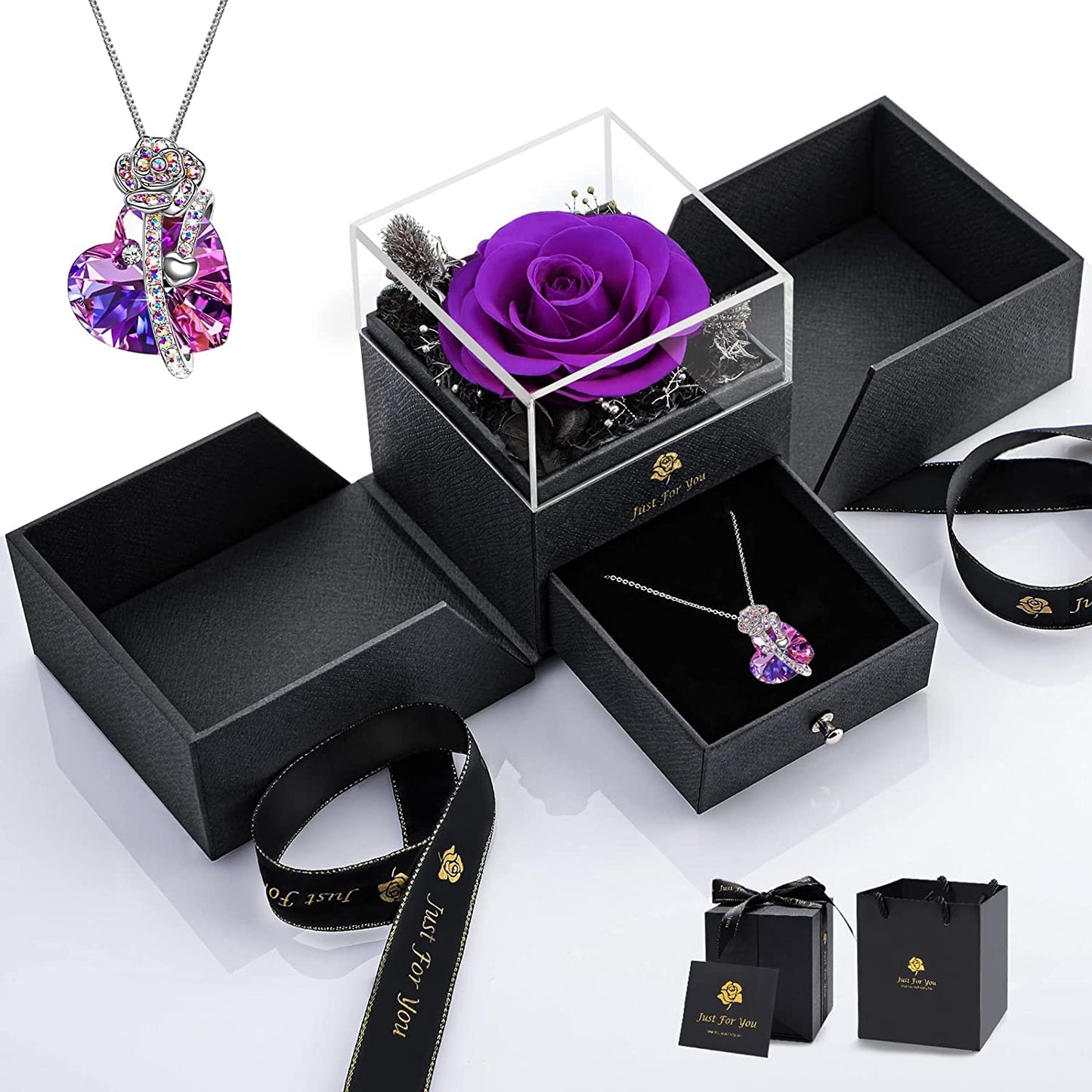 Preserved Purple Real Rose Valentines Gift with Necklace