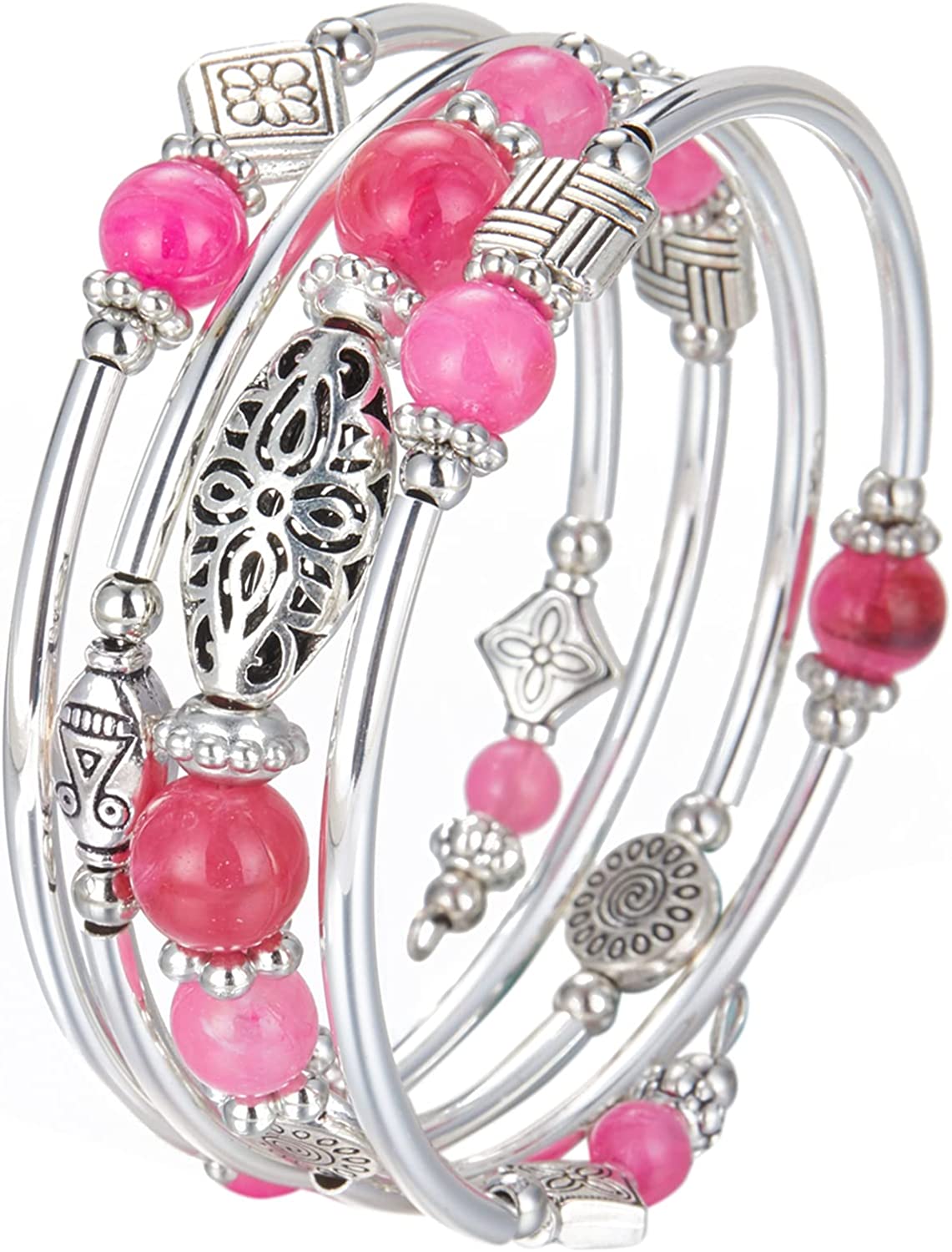 Layered Wrap Bangle Turquoise Bracelet-Bead Bracelet w/ Natural Agate Stone, 03-Hot Pink