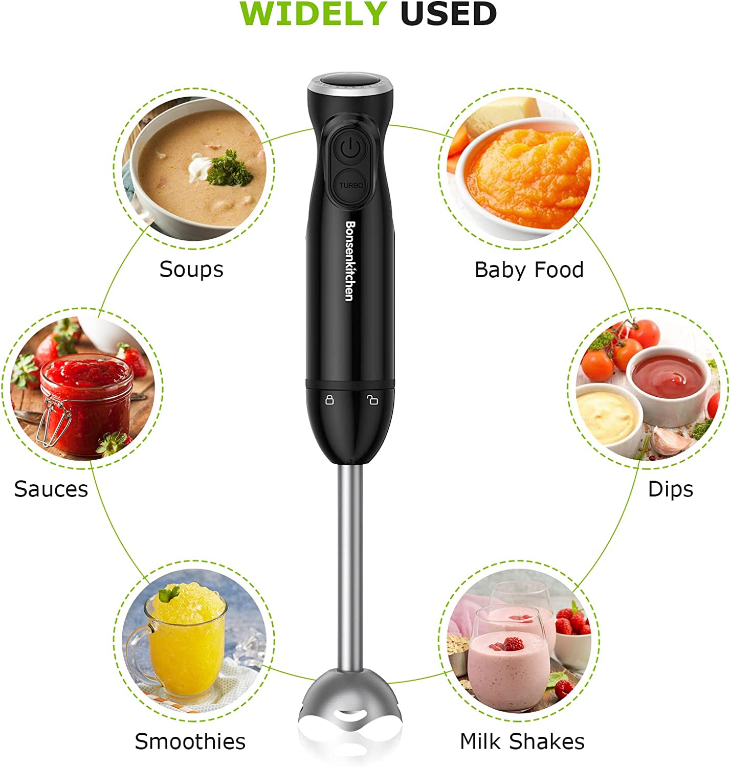 1 Basic Kitchen Handheld Blender, 2 Types of Speed Control 12 Variable Speeds or Turbo, Immersion Blender Stick Mixer w/ Stainless Steel Blades