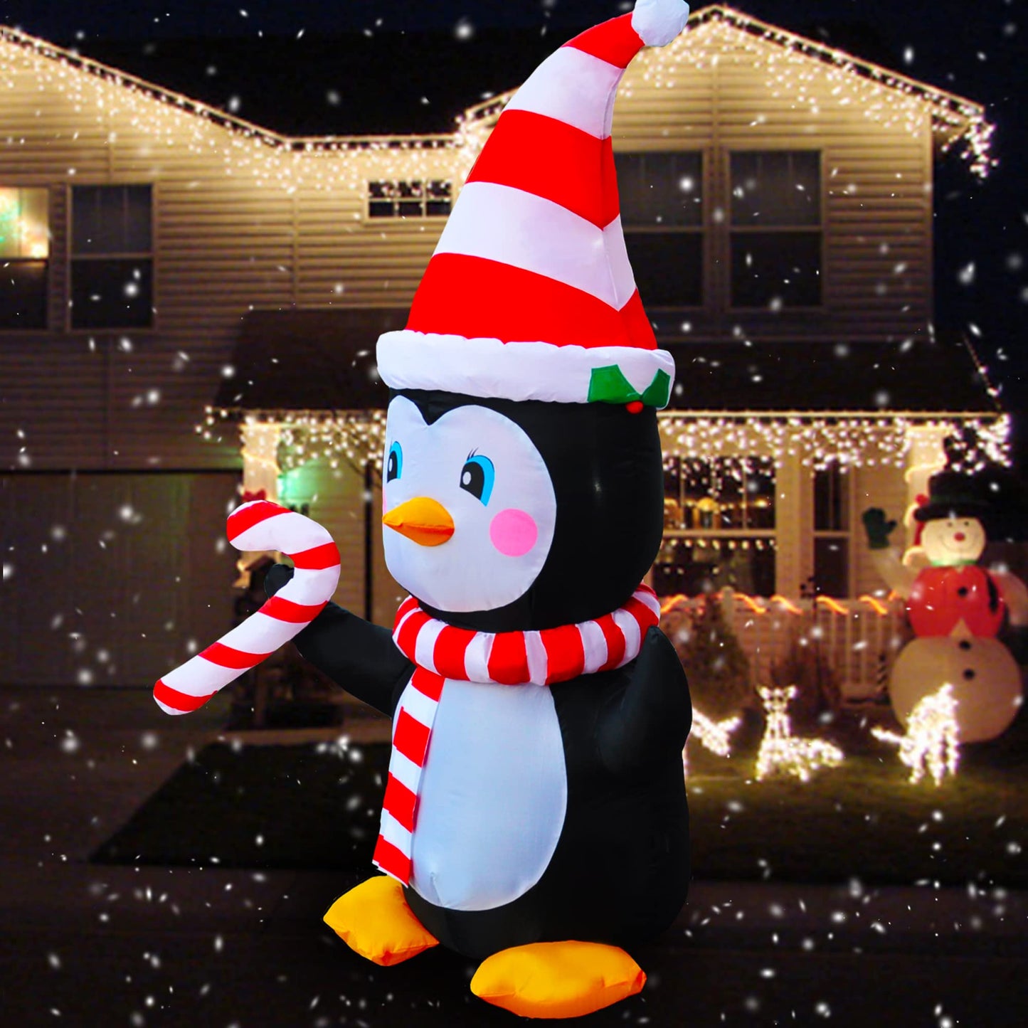 4 Ft LED Light Up Inflatable Christmas Penguin with Scarf & Candy Decoration for Yard Lawn Garden Home Party