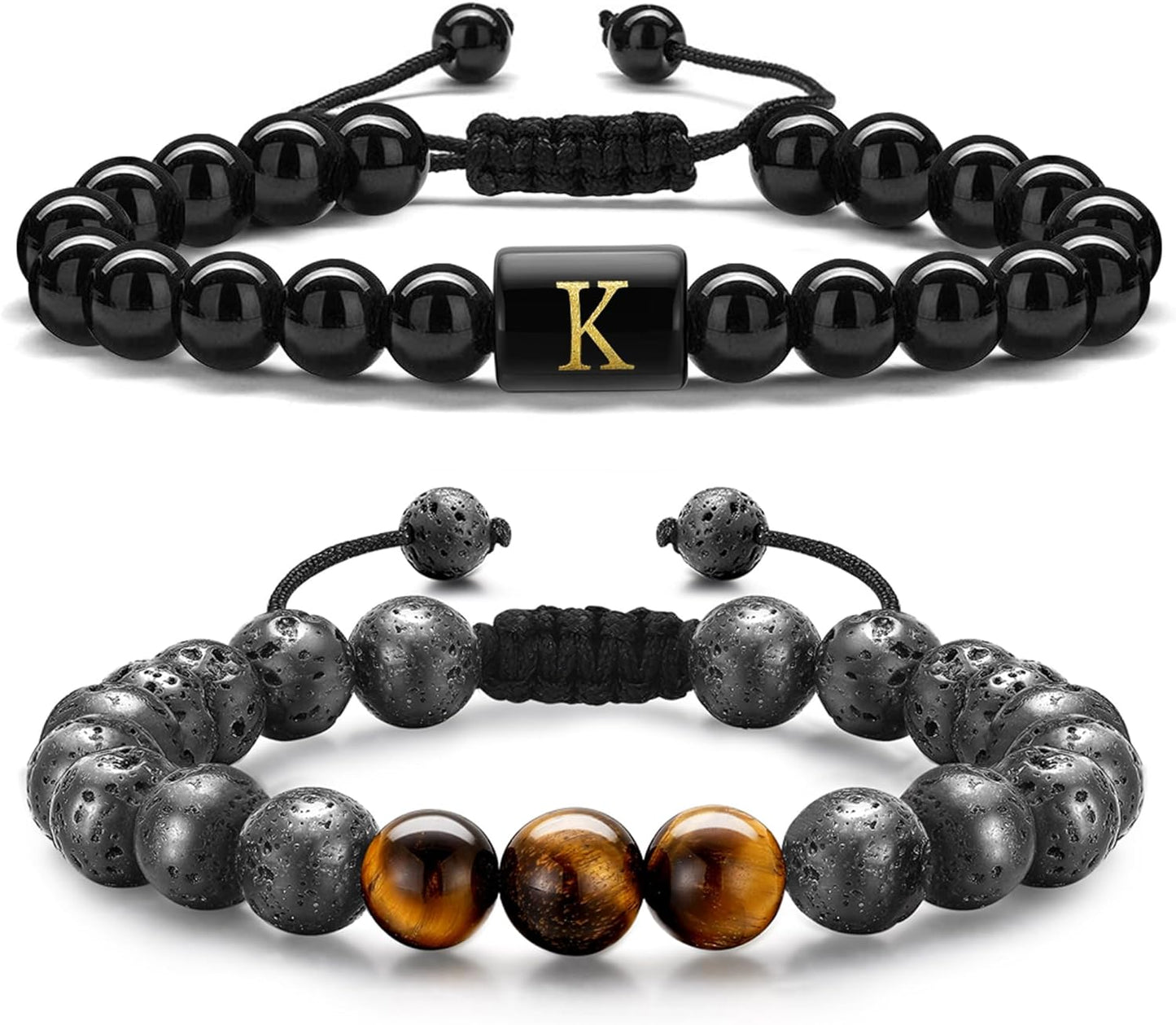 Christmas Gifts for Men Teen Boys - 8mm Tiger Eye Lava Rock Stone Beaded Bracelets for Men Initial Link Handmade Obsidian Mens Bracelet Personalized Birthday Christmas Gift for Husband Dad Boyfriend