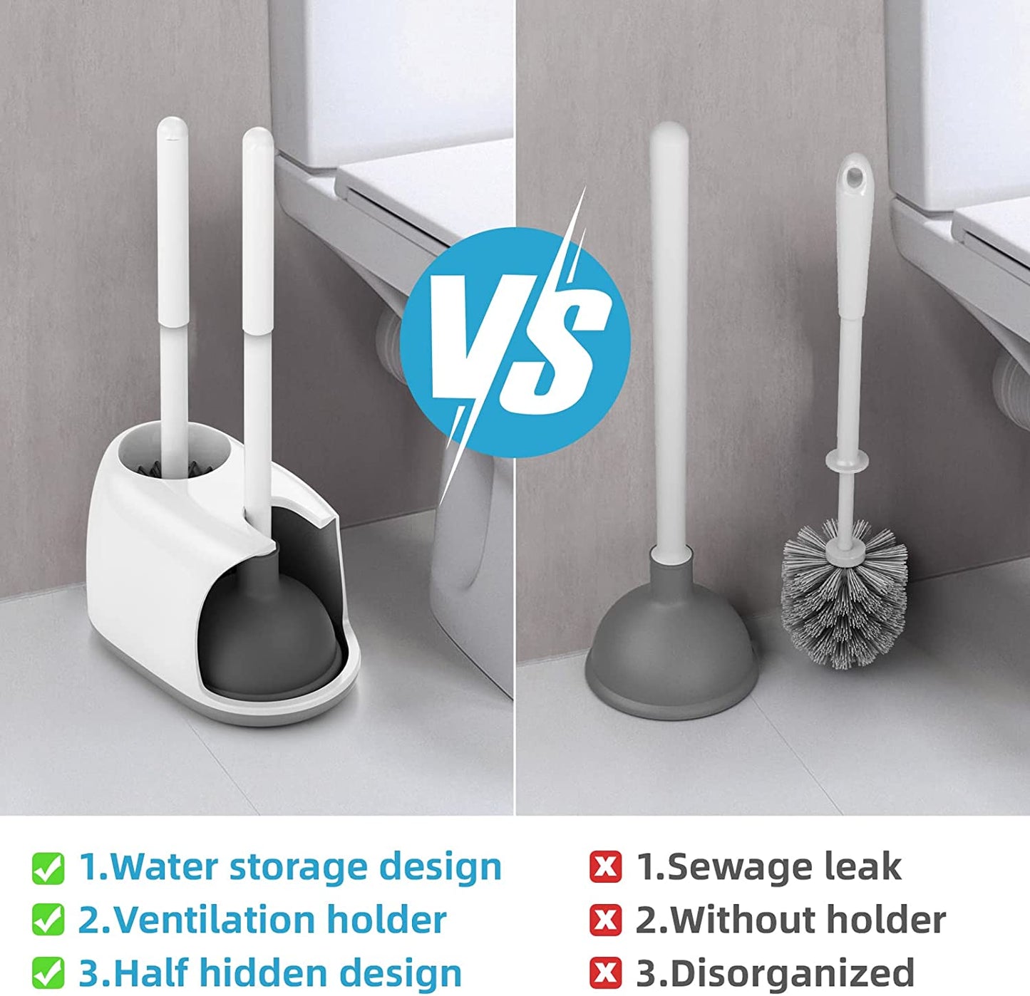 2 in 1 Toilet Bowl Brush Plunger Set with Holder, Bathroom Accessories Combo with Caddy Stand for Deep Cleaning