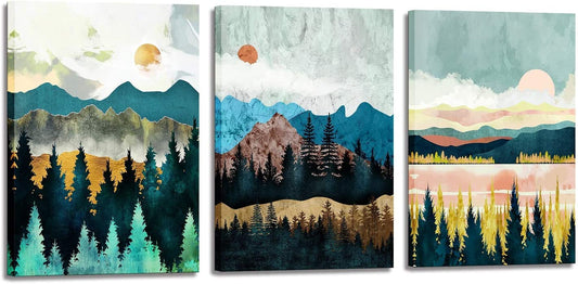 Abstract Wall Art Forest Mountain Watercolor Wall Paintings Landscape Modern Canvas Prints 3 Piece