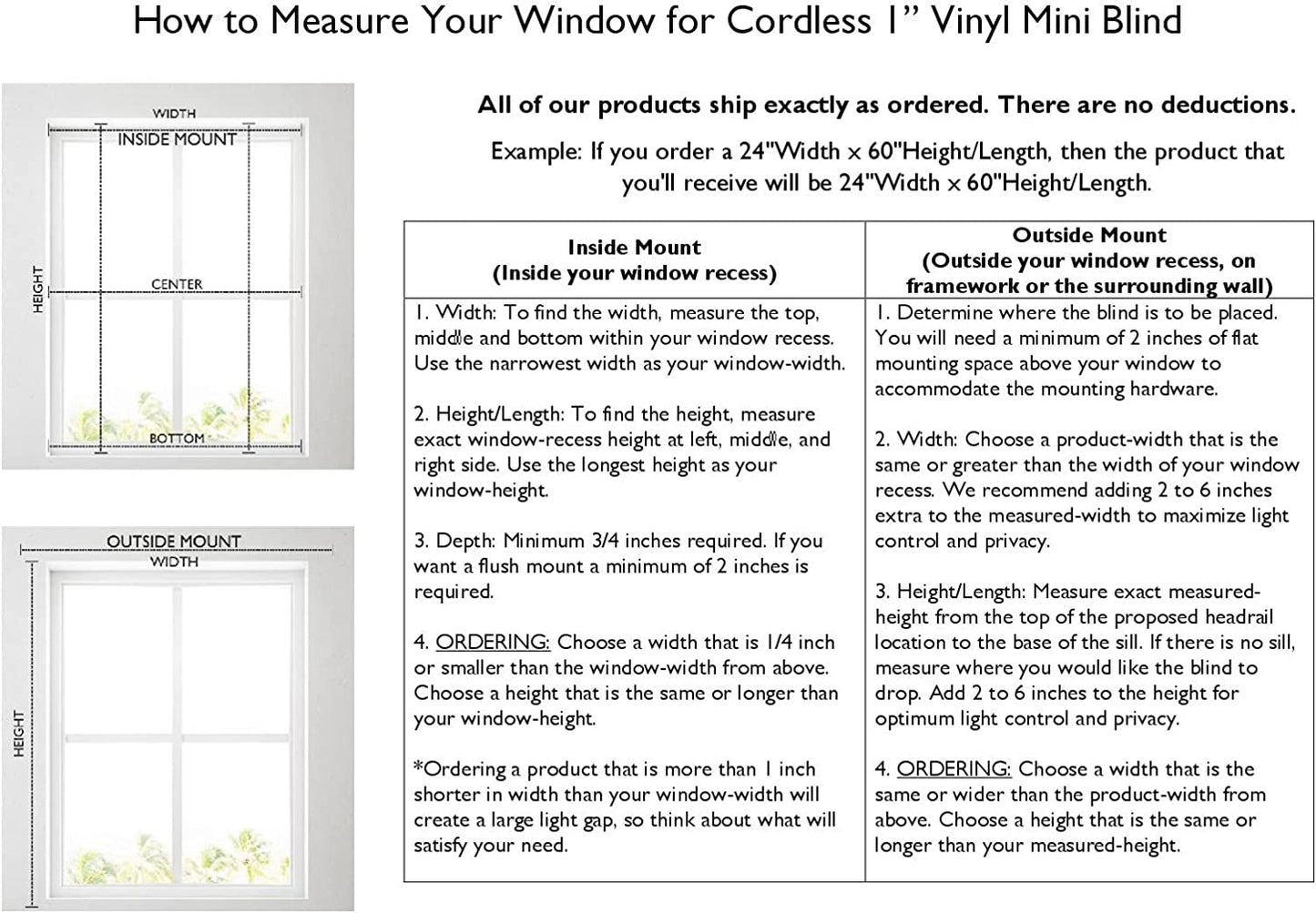 1" Cordless Vinyl Mini Blinds, White, 34.5"W x 60"H