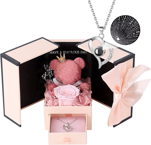 Cute Preserved Real Pink Rose Bear Gifts Box with I Love You Necklace Valentines Gift for Her