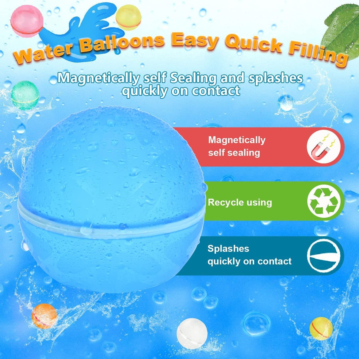 Reusable Water Balloons Self Sealing Easy Quick Fill, Silicone Water Balls Summer Fun Outdoor Toys (6 PCS)