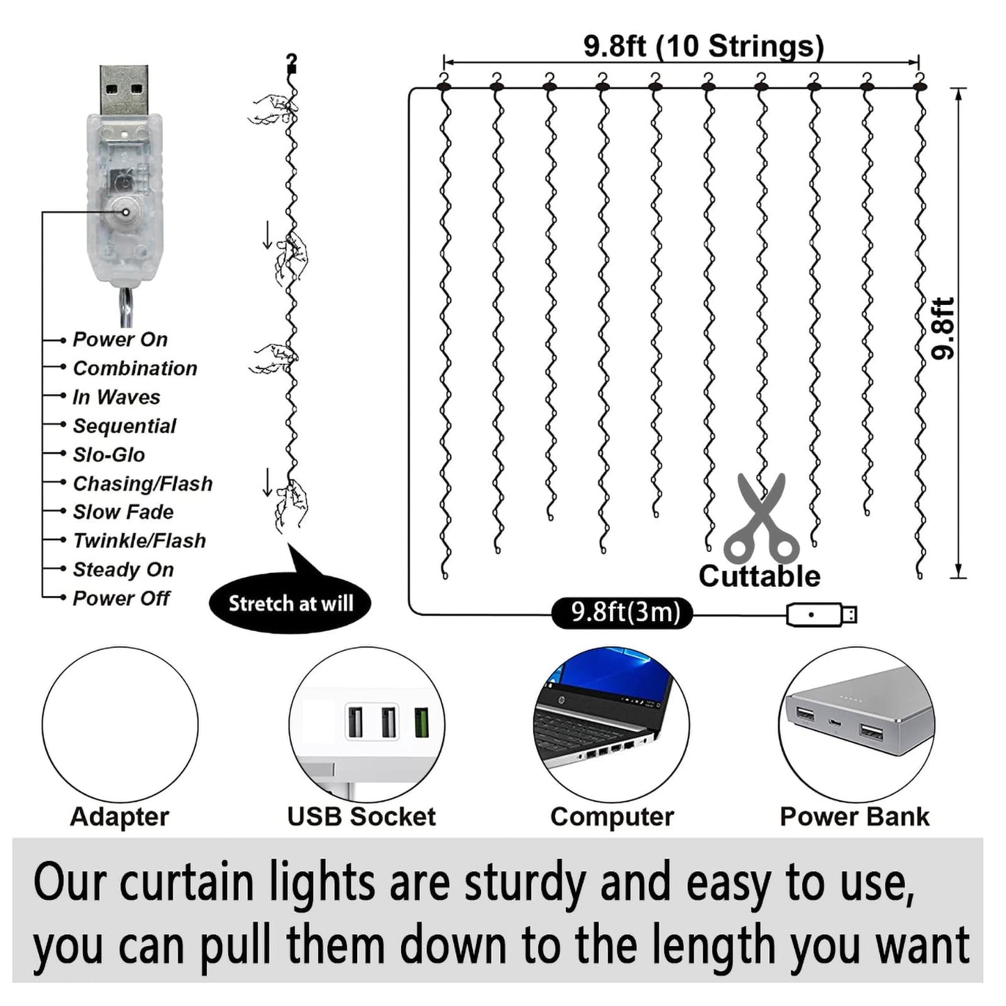 300 LED Curtain Lights, 9.8ft x 9.8ft Fairy Lights with 8 Modes, String Hanging Lights, Remote Control