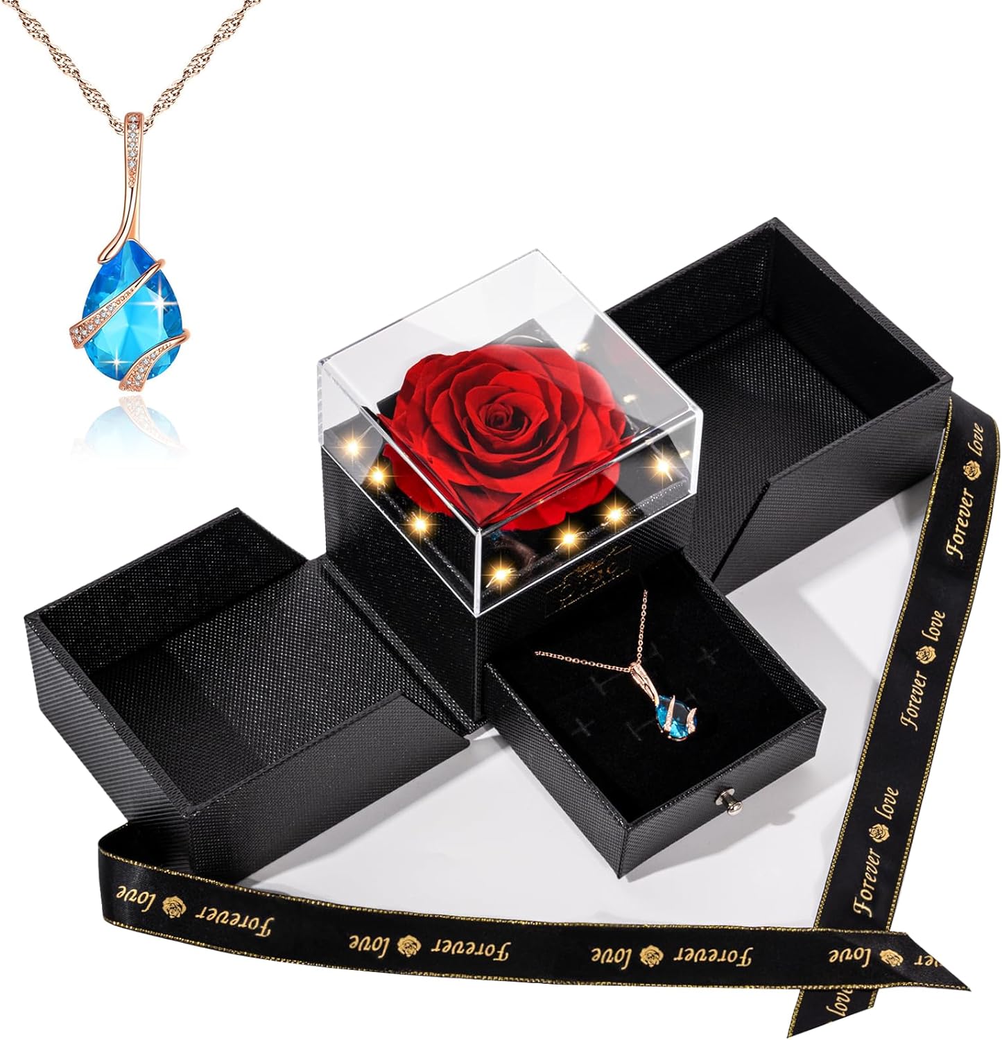 Preserved Roses Gift Jewerlry Box, Real Eternal Rose Flower with Necklace and Led Mood Light, Gifts for Girlfriend, Mom, Women, Wife, Birthday, Valentine's Day (Red)