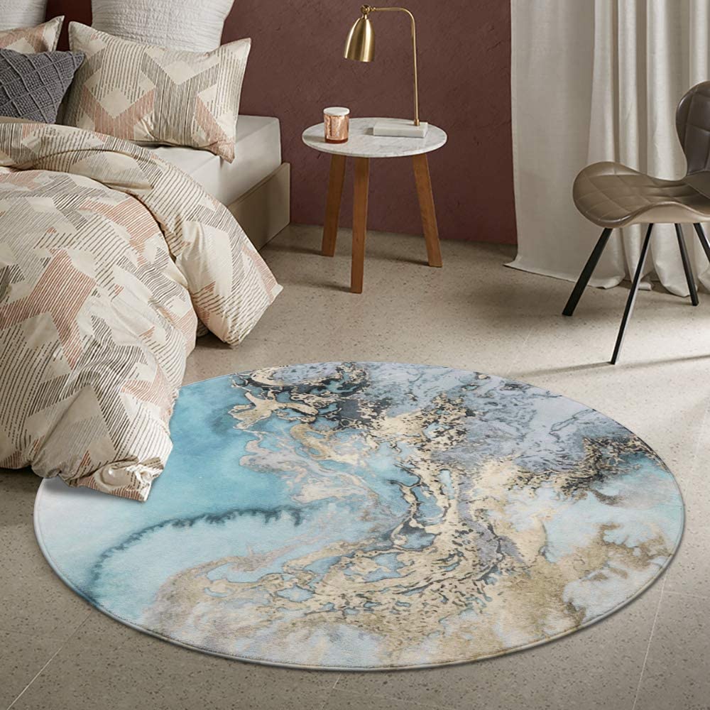 Marble Pattern Round Area Rug-4' Diameter Faux Wool Non-Slip (Round-4' Diameter, Blue)