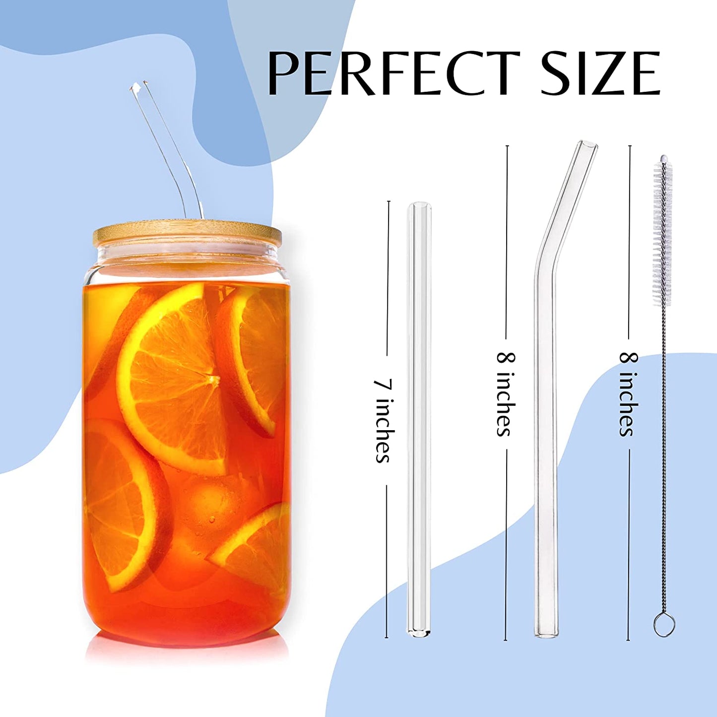 Drinking Can Glass With Bamboo Lid & Straw - Aesthetic 16oz 6pcs Set - Trending Coffee Cups