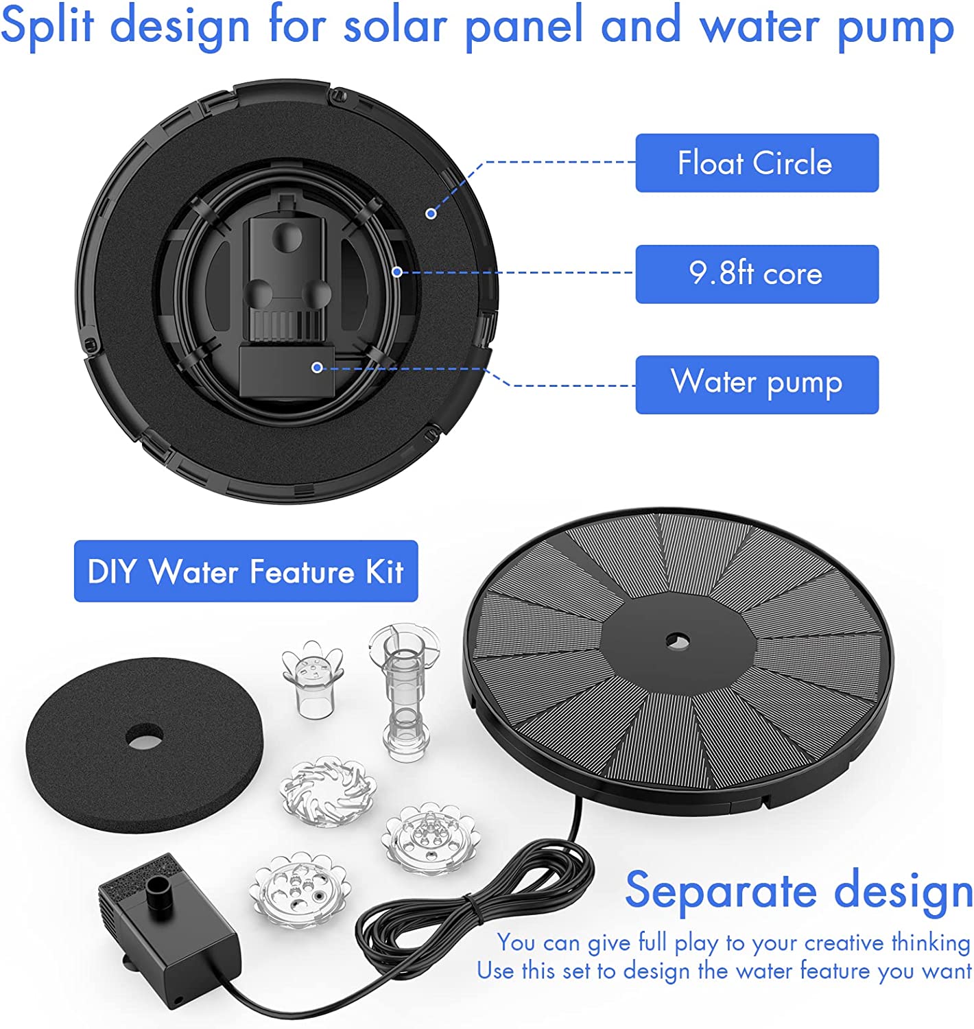 3.5W DIY Solar Fountain Pump for Water Feature Outdoor Solar Bird Bath Fountain Pump w/ Multiple Nozzles