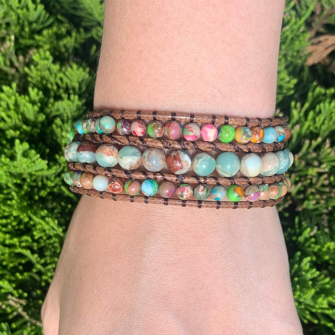 Boho Handmade Natural Stone Bead 3 Row Wide Wrap Wrist Bracelet