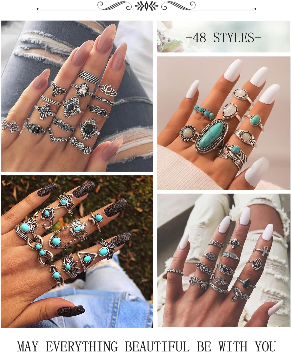 48-Piece Boho Turquoise Ring Set – Vintage Silver Knuckle & Stacking Rings, Western Style Oval Gemstone Jewelry for Women, Bohemian Midi Rings Collection