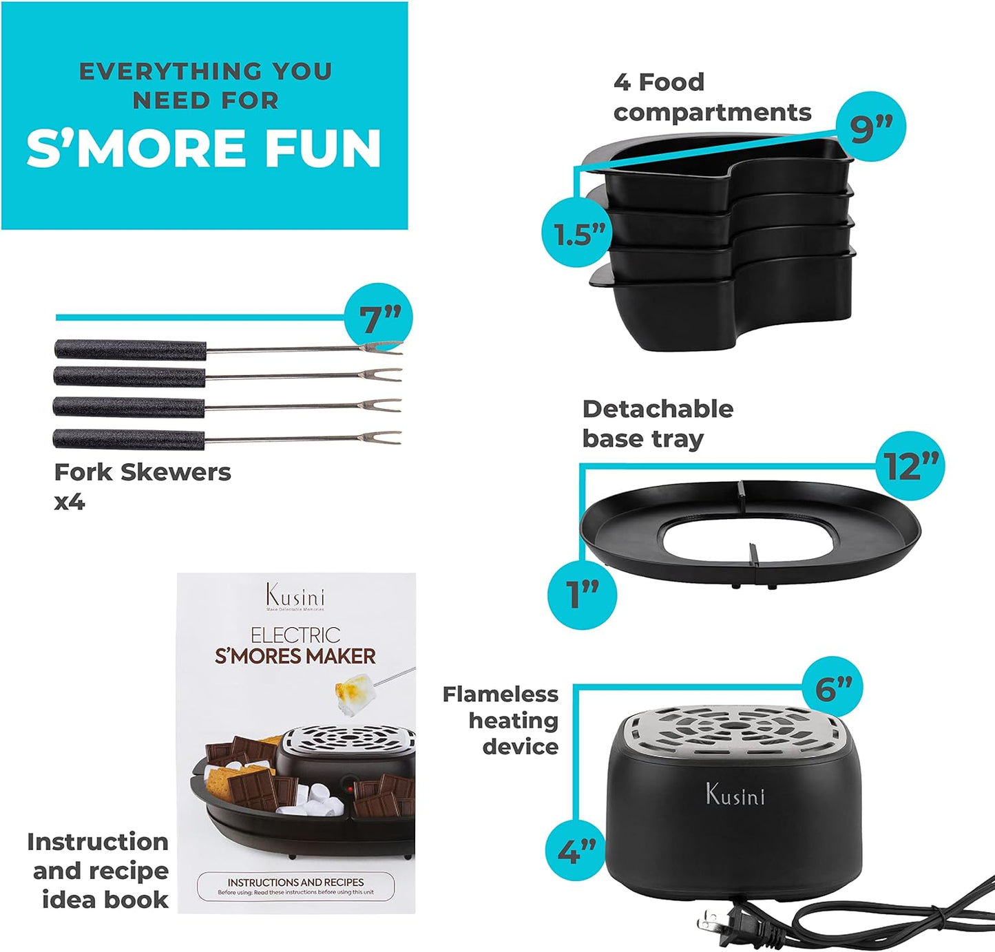 Maker Tabletop Indoor - Flameless Electric Marshmallow Roaster – 4 Detachable Trays & 4 Roasting Forks – Gift Set & Date Night Idea.