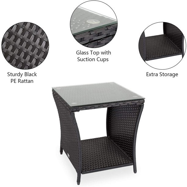 Wicker Porch Square Side Table With Storage, Black