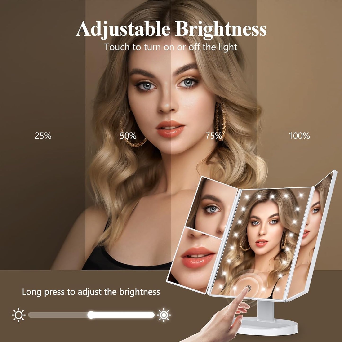 Makeup Mirror Vanity Mirror with Lights, 2X 3X 10X Magnification,  Touch Control, Trifold Makeup Mirror, Dual Power Supply, Portable LED Makeup Mirror, Women Gift (White)