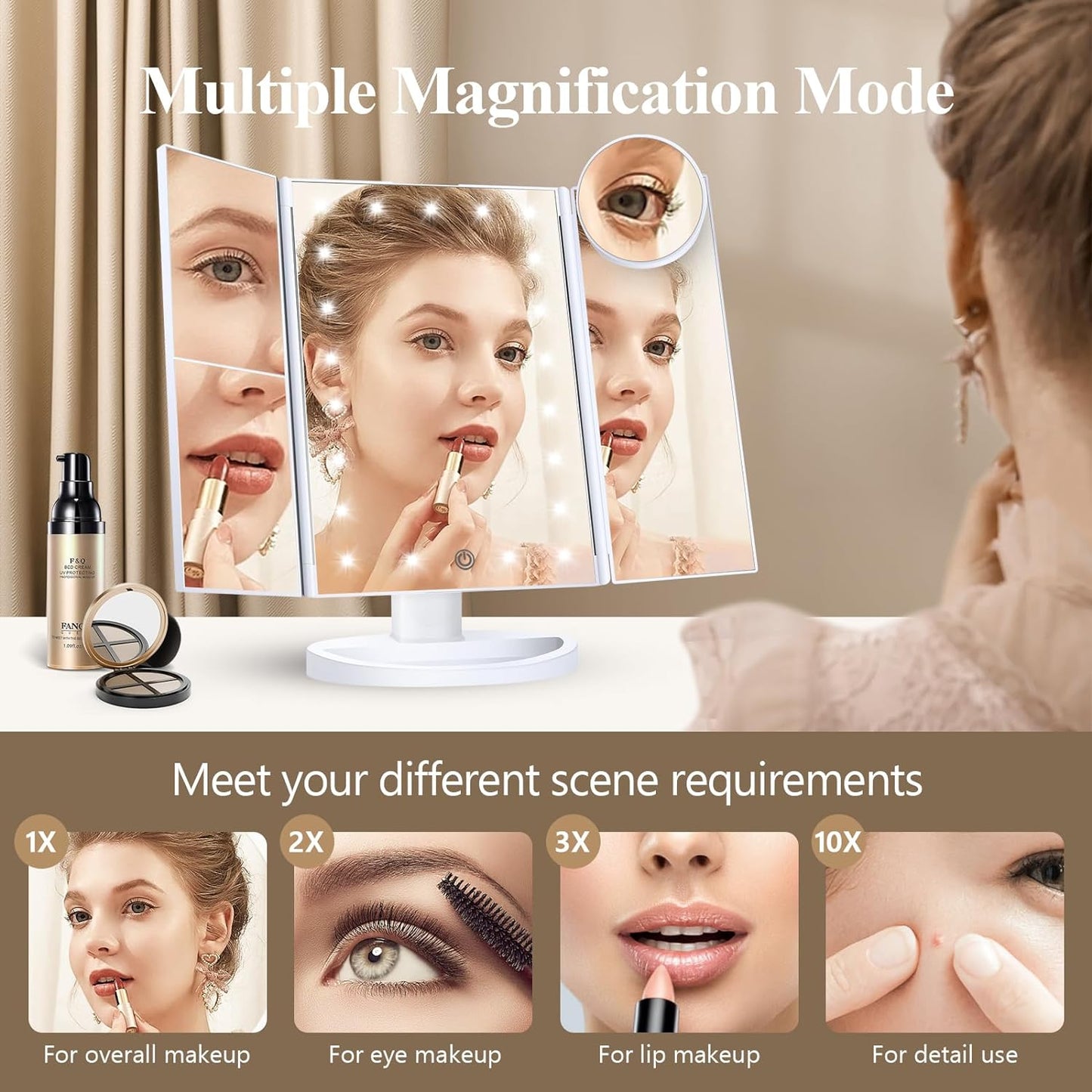 Makeup Mirror Vanity Mirror with Lights, 2X 3X 10X Magnification,  Touch Control, Trifold Makeup Mirror, Dual Power Supply, Portable LED Makeup Mirror, Women Gift (White)