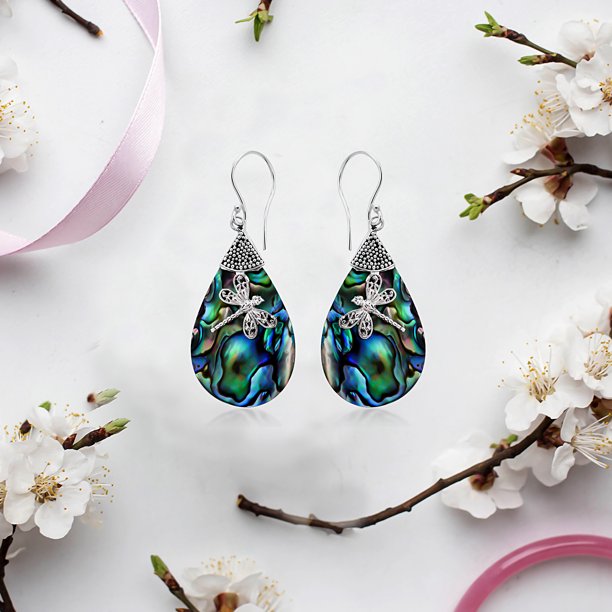 Dragonfly Dangle Drop Earrings Abalone Shell Sterling Silver for Women