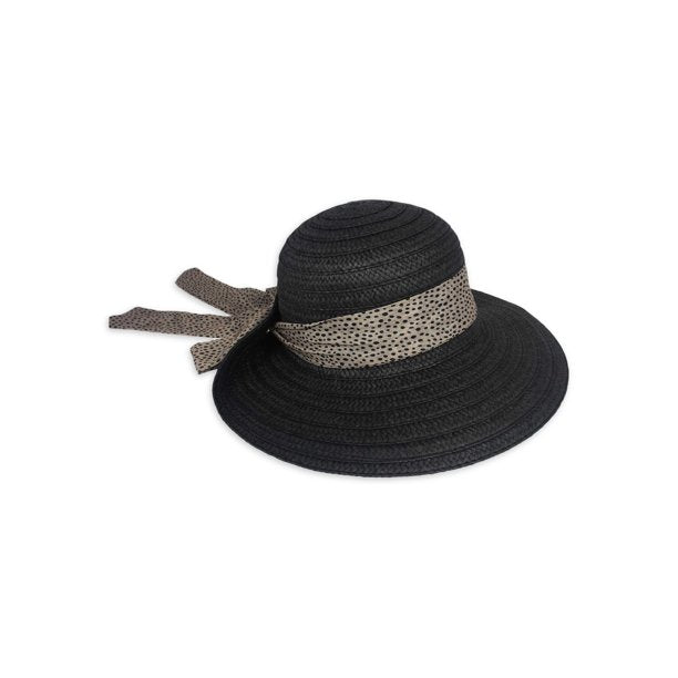 Women's Asymmetrical Straw Sun Hat with Printed Ribbon Scarf- Black