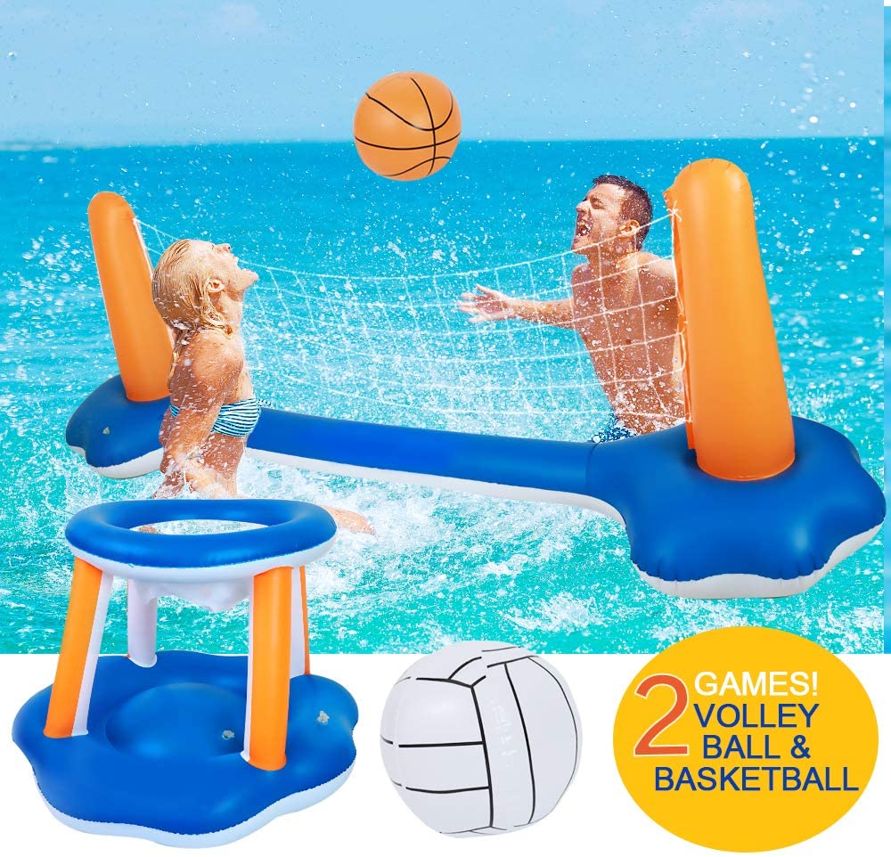 Inflatable Pool Float Set Volleyball Net & Basketball Hoops