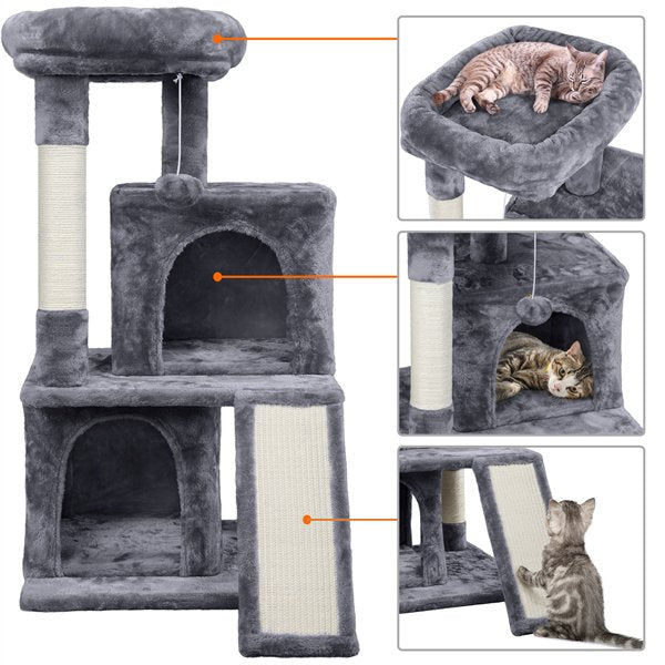 36'' H Cat Tree Tower Cat House with Double Condos Scratching Posts Sisal Rope Furry Ball for Cats and Kittens, Dark Gray