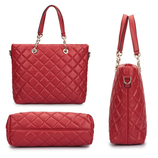 Women's Handbag Faux Leather Quilted Tote Bag Shoulder Bag w/ Chained Handle-Red