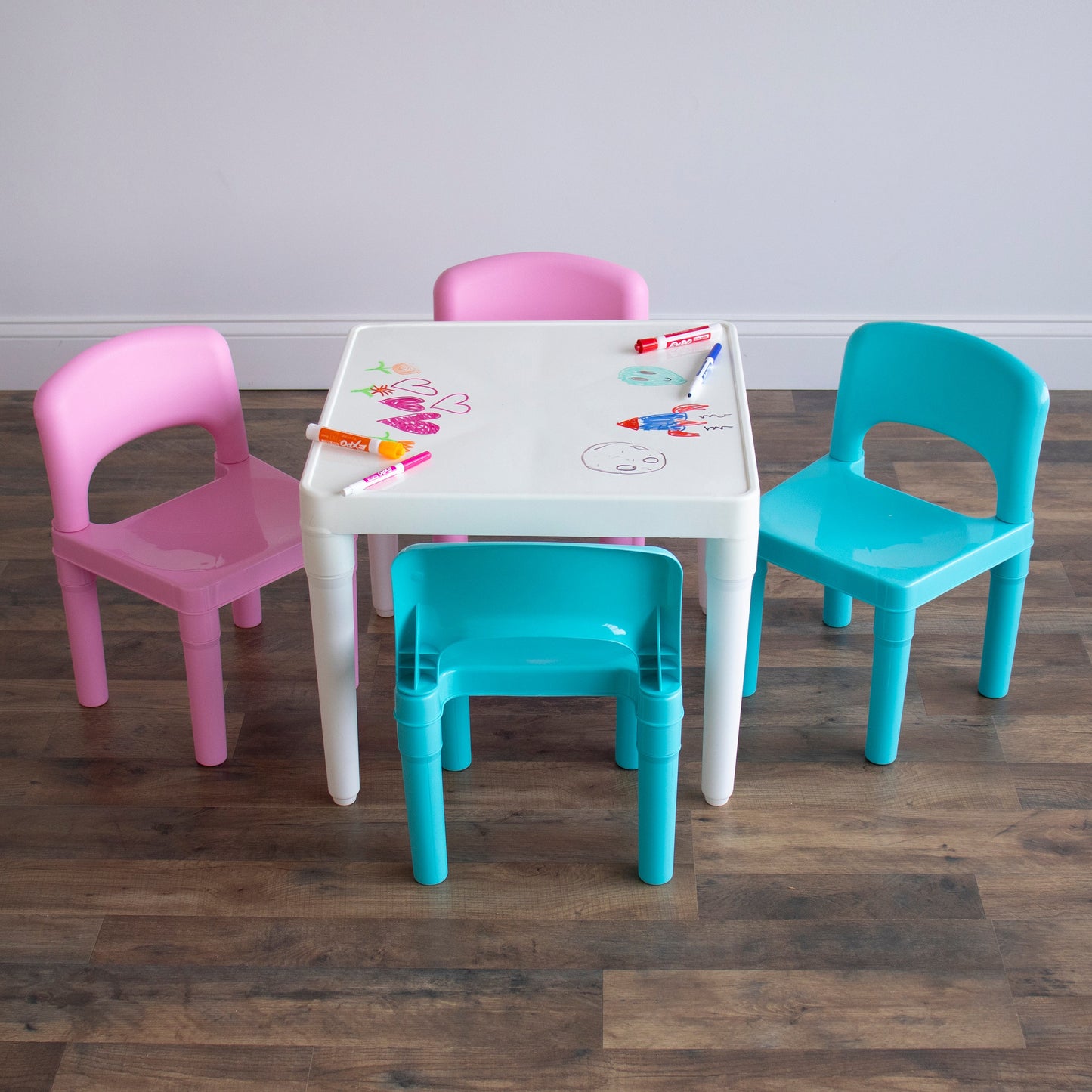 5-Piece Plastic Dry-Erase Table & Chair Set with Eraser