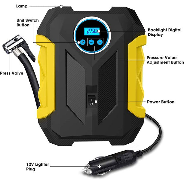 Portable Car Air Pump with Digital Pressure Gauge, 12V 150 PSI Cordless, Bright LED Light